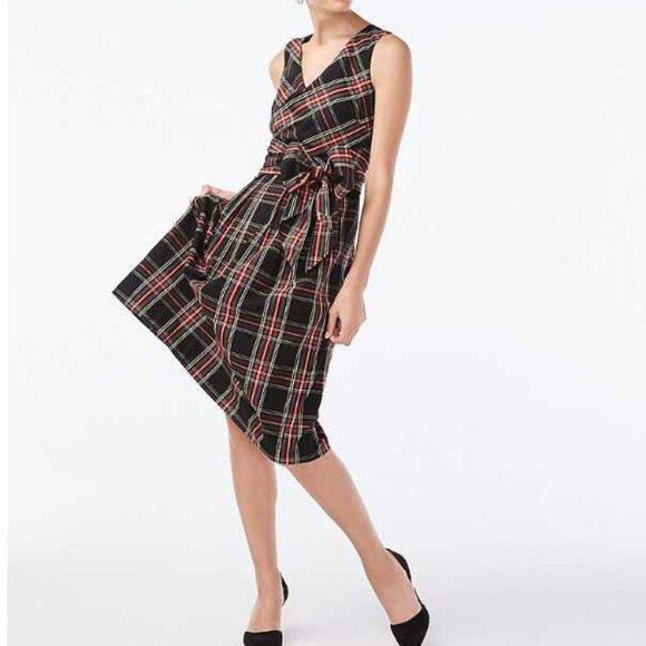 J.Crew Tartan V-Neck Wrap Dress in Stewart Tartan Black Sleeveless Size 14 - Picture 2 of 5